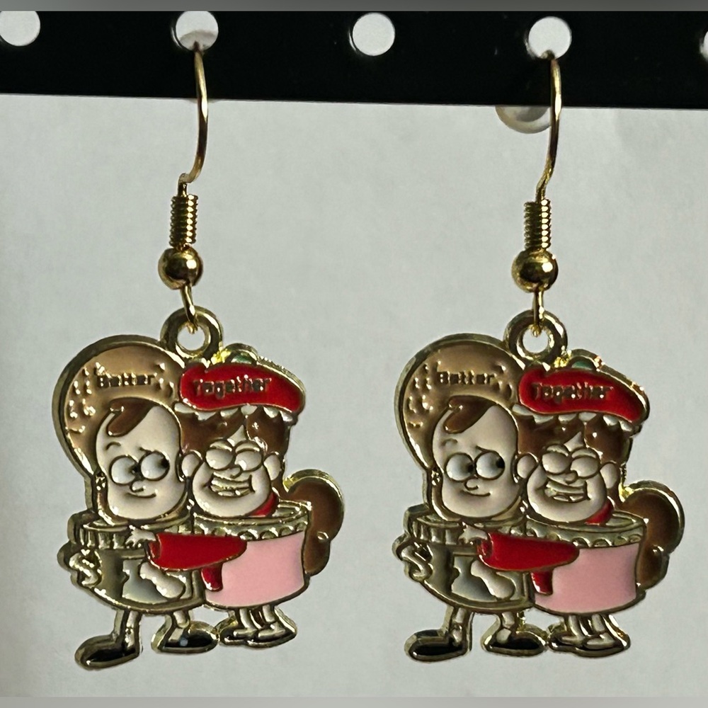 Handmade Gravity Falls Dipper & Mabel Cartoon Character Gold Finish Earrings New
